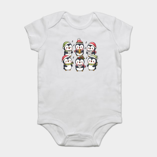 Festive Penguin Carolers Singing Christmas Cute Carols Baby Bodysuit by Frank Ring